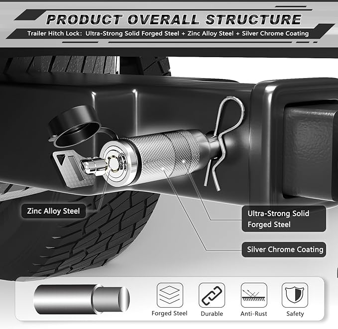 AUTMATCH Trailer Hitch Lock 5/8" - 4" Extra Long Span & Anti-Theft Hitch Locking Pin, Fits Class III IV V 2"-3.5" Receivers, Heavy Duty Towing Lock Pin for Jeep, Trailer, Truck, RV, Bike Rack, Silver