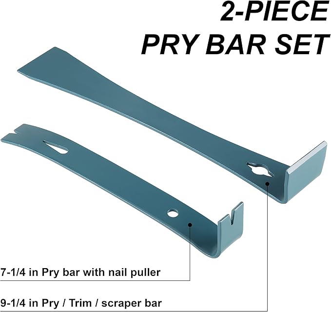 2pc 7-1/4" & 9-1/4 Flat Pry bar, Teardrop Nail Puller,High-Carbon Steel,Gray