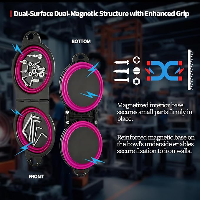 Collapsible Magnetic Parts Tray Set, New Upgraded Version Magnetic Trays, Integrated 5.1" Round Dual Silicone Bowls, Multi-Use Nuts And Bolts Organizer, Bonus Hook for On-the-Go Carry (magenta2.0)