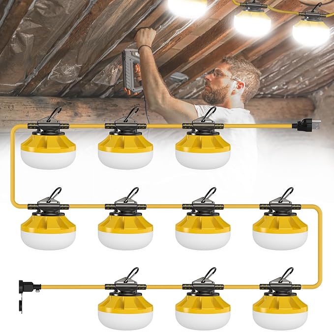 100FT Construction String Lights: 3 Prong 100W Led Construction String Lights with 10 Bulbs & Hooks, IP65 Attic Lighting 5000K Linkable Hanging Work Light for Crawlspace Basement Backyard