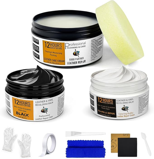 12H Quick-Dry Leather Repair Kit with 3.53Oz Black Leather Recoloring Balm, Filler & 4.23Oz Conditioner and Cleaner, 3-in-1 Vinyl Repair Set for Sofa, Car Seats, Jackets, Purses, Shoes, Faux Leather