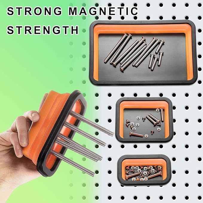 HARFINGTON 3pcs Collapsible Magnetic Parts Tray Set 3 Different Size Foldable Small Metal Parts Tool Tray Rectangle Silicone Bowls for Fixing Screw Bolts Nuts Washers Pins, Orange