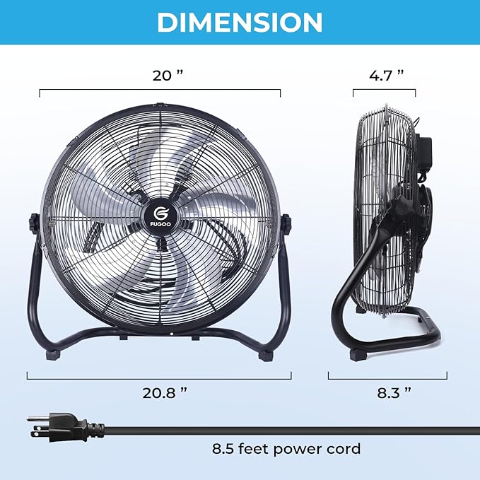 FUGOO 18" High Velocity Floor Fan with Remote,BLDC Motor,Quiet,8 Speeds, Tilt Head, ETL-Listed Safety Compliance, Metal Housing/Blades, Ideal for living Room/Commercial Space/Garage/Gym, 90W,3600CFM