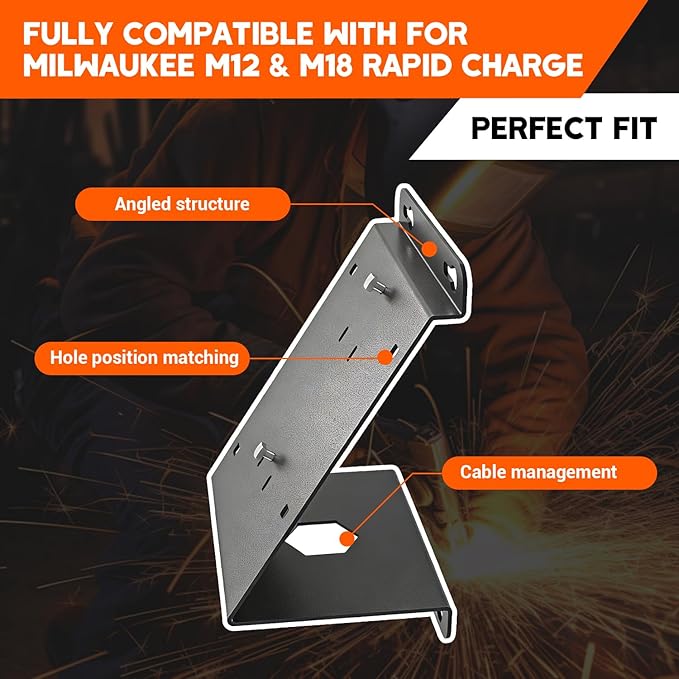 Angled Heavy-Duty Alloy Steel Wall Mount for Milwaukee Charger - Single Fit Milwaukee M18V & M12V Rapid Charge, Detachable Secured Holder Bracket for Pegboard/Wall Installation