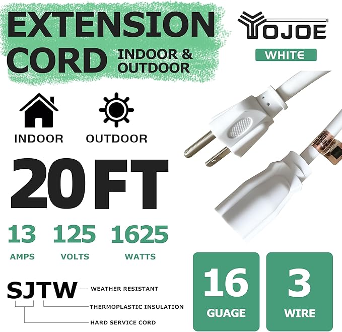 YOJOE Indoor Outdoor Extension Cord, 3 Prong 13A Weatherproof Power Cord, 16 Gauge Heavy Duty 20 ft White Extension Cord for Garage, Garden and Home, 16/3 SJTW UL Listed