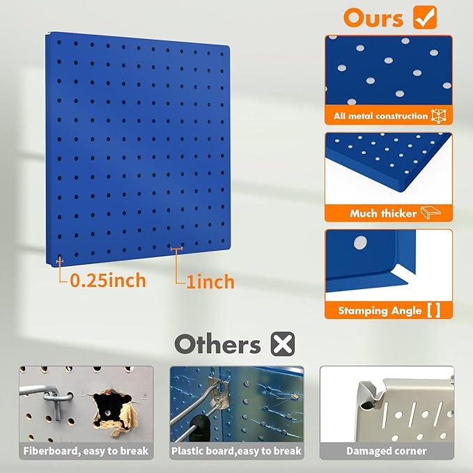 Peg Board, 6PCS Metal Pegboard, Heavy Duty Pegboard Wall Organizer with Frame. Pegboard for Walls, Garage, Workbench, Craft Room Tool Organization, Metal Pegboard Panels 12in*12in,Blue