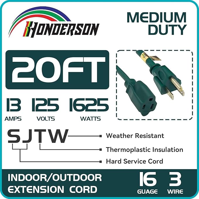 20FT Outdoor Extension Cord-16/3 SJTW Durable Green Extension Cable with 3 Prong Grounded Plug for Safety,Great for Outside Christmas Decorations