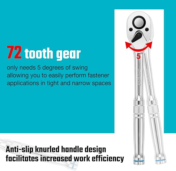 DURATECH 3/8-Inch Drive Ratchet, Quick-Release Ratchet Wrench, 72-Tooth, Reversible Switch, Full-Polished Chrome Plating, Alloy Steel