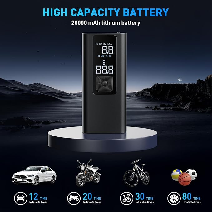 Tire Inflator Portable Air Compressor, 150PSI Air Pump for Car Tires with Pressure Gauge, LED Light, 20000mAh & 2X Faster Portable Air Compressor for Cars, Bikes & Motorcycle, Balls, Car Accessories