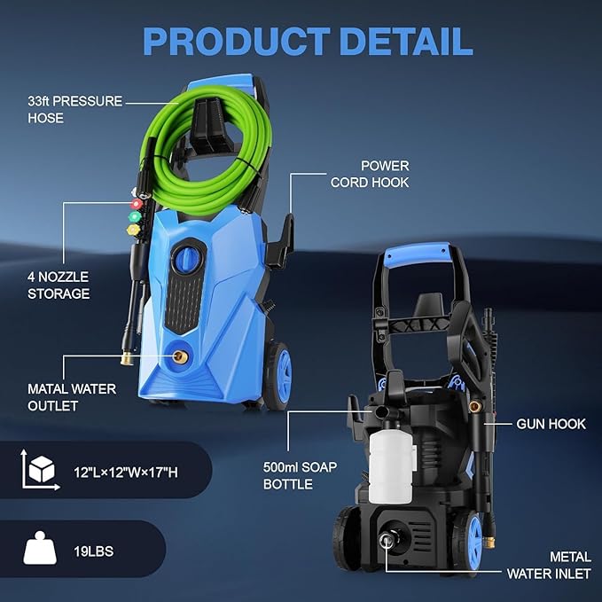 Pressure Cleaner High Power Cleaner with 33ft Power Hose, 4 Nozzles and Soap Bottle, for Home, Cars, Fences, Patio (Light Blue)