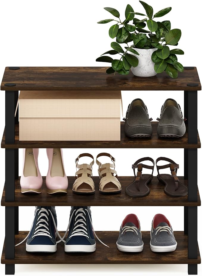 Furinno Turn-S-Tube 4-Tier Shoe Rack, Amber Pine/Black