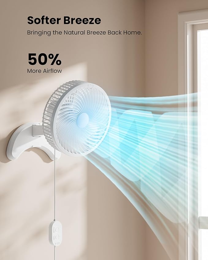Koonie 8'' Wall Mount Fan, Quiet Small Wall Fan with Timer, 8.2ft Wired Remote, 80° Oscillation, 100° Adjustable, 3 Speeds High Velocity for RV Bedroom Kitchen Office Garage, White