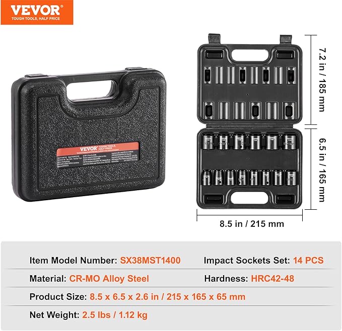 VEVOR 3/8" Drive Impact Socket Set, 14 Piece Shallow Socket Set Metric 7-20mm, 6 Point Cr-Mo Alloy Steel for Auto Repair, Easy-to-Read Size Markings, Rugged Construction, Includes Storage Case