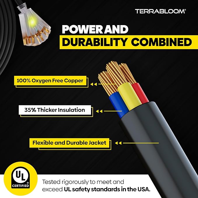 TerraBloom 12/3 Heavy Duty Extension Cord 50 FT Outdoor - Black Outdoor Extension Cord Multiple Outlet - Ultra-Flexible SJEOW Rubber, Light Indicator, Triple Outlet for Maximum Efficiency - 15 Amp