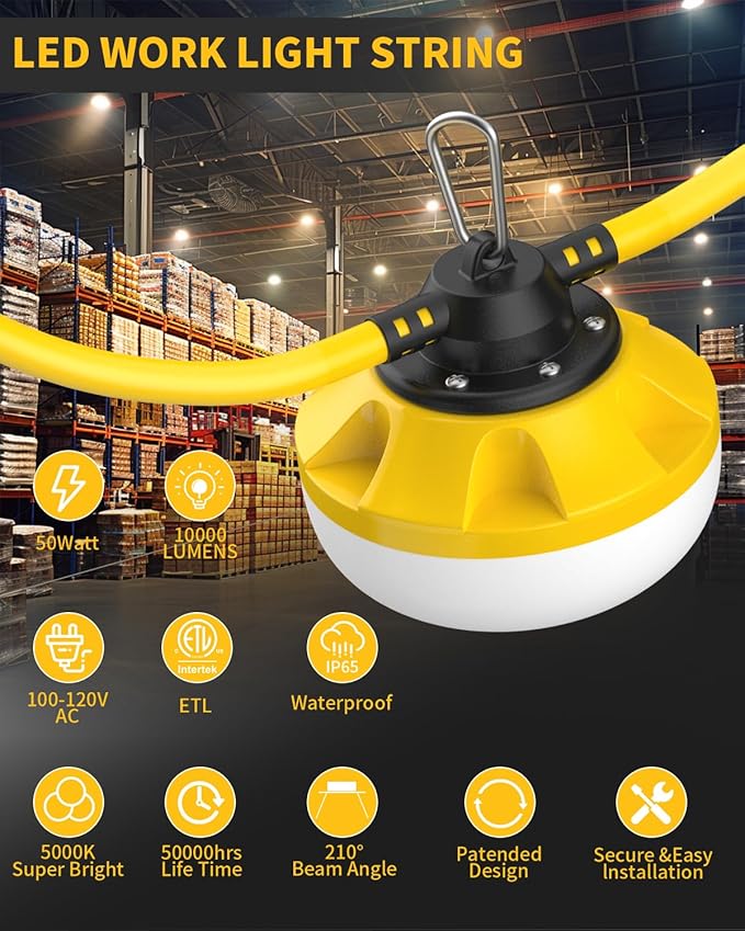 100FT LED Construction String Lights, 100W 10000LM Industrial Grade Temporary Work Lights with 10 Bulbs, Linkable 5000K Super Bright Weatherproof Lighting for Construction Site, Job Site,& Outdoor Use