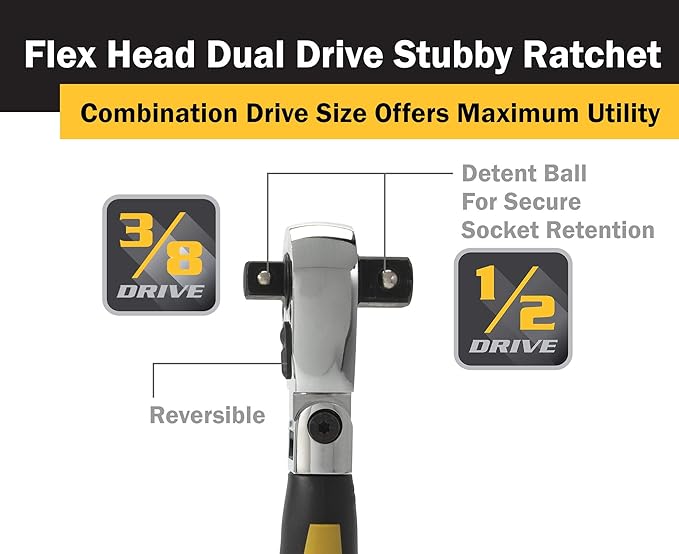 Titan 12351 3/8-Inch and 1/2-Inch Drive x 6-Inch 72-Tooth Flex Head Dual Head Stubby Ratchet