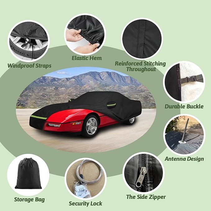 Car Covers for 1984-1996 Corvette C4, 6 Layers 210T Waterproof All Weather Rain Sun UV Protection Outdoor Full C4 Car Cover with Zipper Door & Windproof Straps-Black