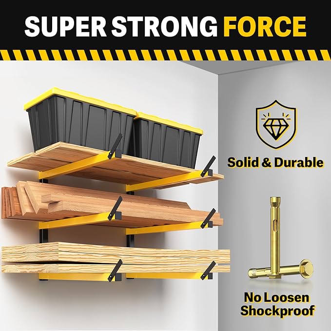 GREENER Lumber Storage Rack Folding Wood Storage Racks Wall-Mounted Metal Racks for Storage with 3-Level Heavy Duty Garage Wood Organizer for Woodworking Shop Indoor & Outdoor Use, 2 pairs,Yellow
