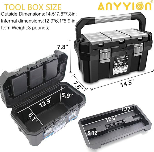 Anyyion 13 inch Small Tool Box with Removable Tray, Truly Strong and Durable For Hobby or Craft Storage Toolbox, (Internal Size:12.9"Lx6.1"Wx5.9"H)