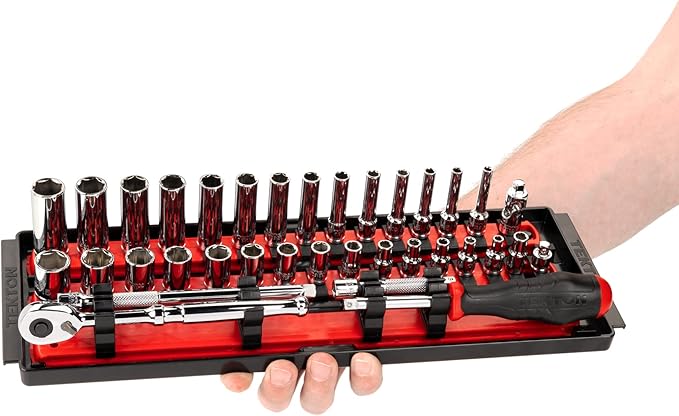 TEKTON 1/4 Inch Drive 6-Point Socket and Ratchet Set with Rails and Trays, 57-Piece (5/32-9/16 in., 4-15 mm) | SKT03301
