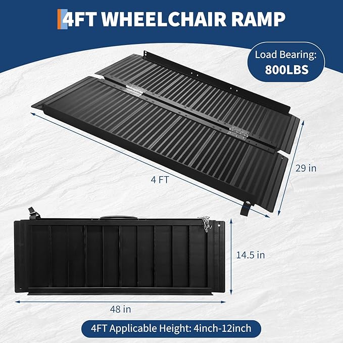 4FT Portable Wheelchair Ramp, Black Non-Slip Aluminum Wheelchair Ramp with Handle, Folding Ramps for Home Steps, Doorways, Thresholds, Curbs, Stairs, 800 LBS Capacity