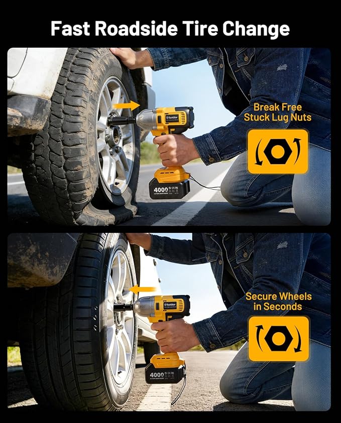 1/2" Cordless Impact Wrench, 1400N·m(1032ft・lbs) Brushless High Torque Impact Gun, Electric Impact Driver, 2x4.0Ah Batteries, LED Light, Charger, 6 Sockets, 3 Variable Speeds for Car/Pickup/Mower