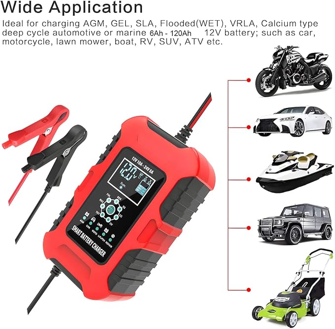 10-Amp Battery Charger, 12V/10A 24V/5A Smart Automatic Maintainer Trickle Charger with Temperature Compensation, 7 Stage Lead Acid AGM LiFePO4 Battery Charger for Cars Motorcycles Boats