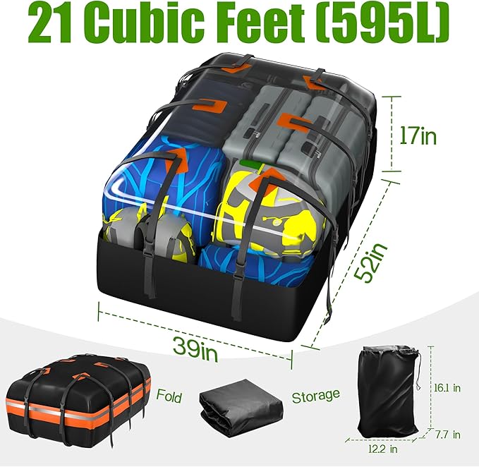 Rooftop Cargo Carrier - Car Roof Bag, 1000D PVC Soft-Shell Waterproof for Cars with/Without Racks, Includes Anti-Slip Mat, Storage Bag, Luggage Lock, 6 Extra Straps, 21 Cubic Feet