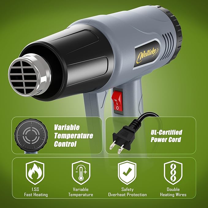 Heat Gun 122℉~1202℉ Dual Temperature Control Pistola De Calor with 4 Nozzles & Paint Scraper Overload Protection Hot Air Gun For Crafting,Shrink Wrapping, Stripping Paint