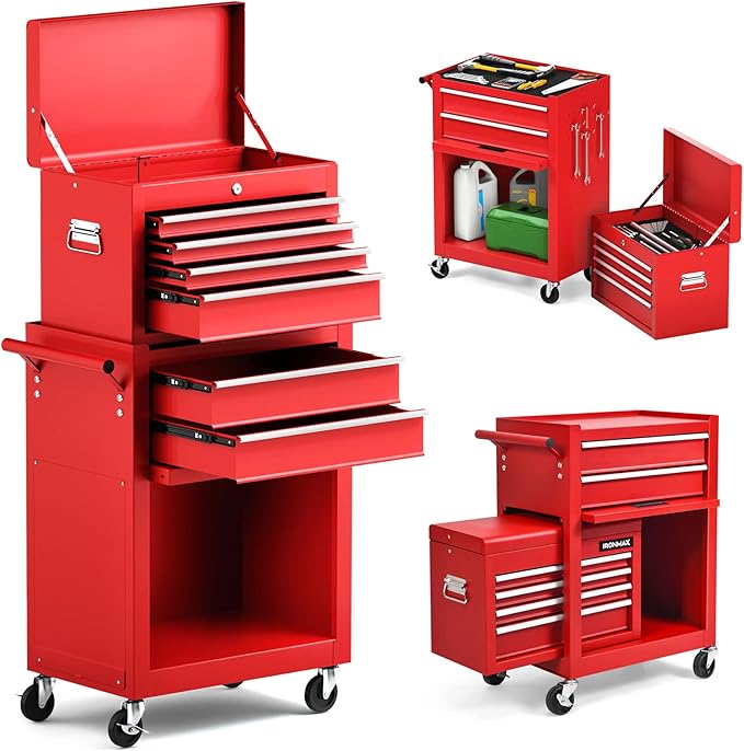 ERGOMASTER Rolling Tool Chest Cabinet Big Tool Storage Cabinet on Wheels and Lock System, Toolbox Organizer with Sliding Liner - 6-Drawers & Red