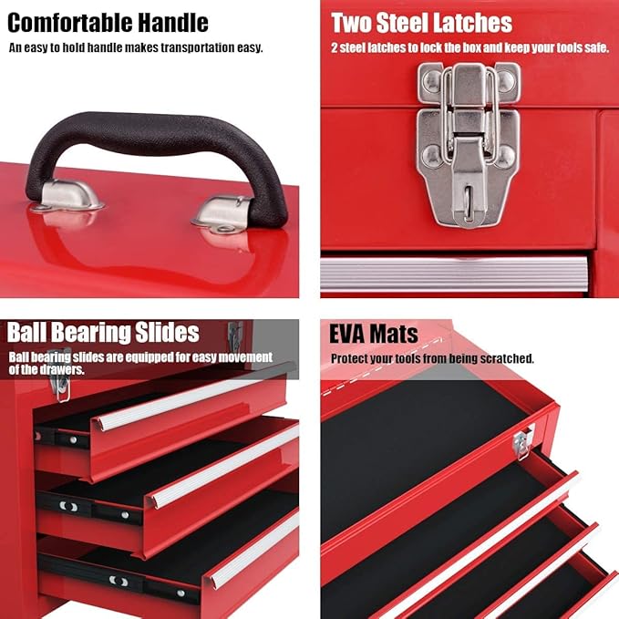 Giantex Portable Steel Tool Box, 20.5'' Toolbox w/ 3 Drawers & Top Storage Tray, Tool Storage Chest w/Double Latch System, Ball Bearing Drawer Slides, EVA Liners & Carrying Handle, Red