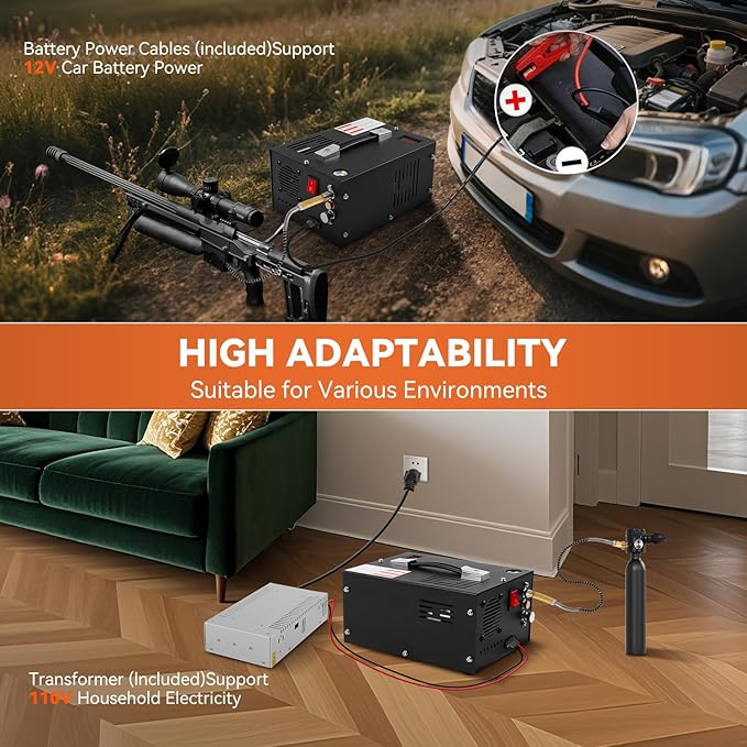 350W PCP Air Compressor, 4500Psi/30Mpa, 12V DC & 110V AC, Oil/Water-Free, Burst Disc Safety Valve, Built-in Cooling Fan for Air Rifle, Paintball, Scuba Tank