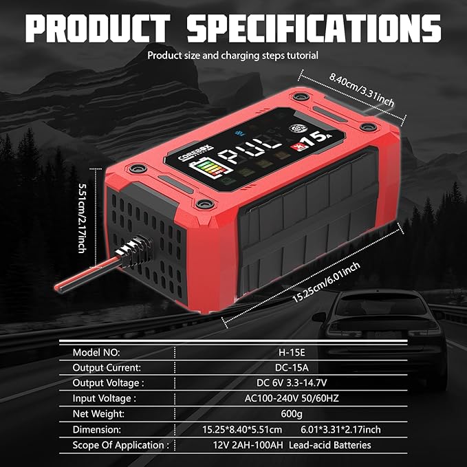 Battery Charger 15-Amp 12V Automatic Smart Battery Trickle Charger, Battery Maintainer Desulfator with Temperature Compensation for Car Truck Motorcycle Lawn Mower Marine