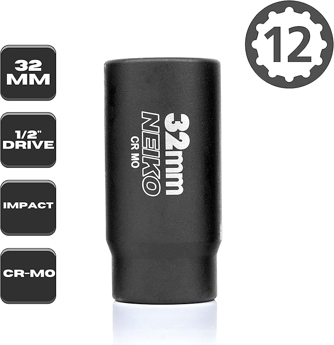NEIKO 02523A 32mm Socket | 1/2” Drive Deep Impact Socket | Spindle & Axle Nut Socket | 12 Point |Chrome Molybdenum Cr-Mo |Deep Well Hub | Triple Square | Axle Shaft Nut Remover