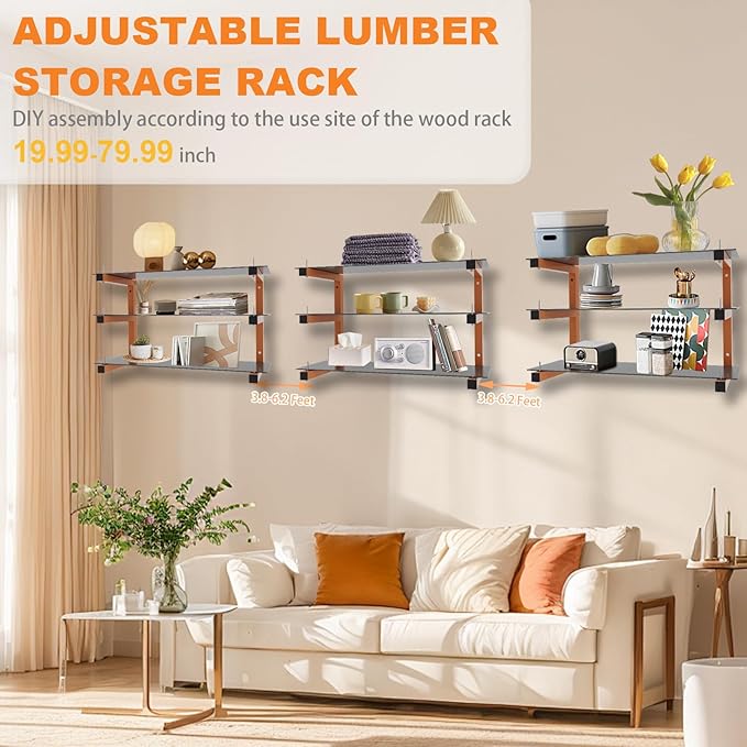 6 Pack Wall-Mounted Lumber Rack, Heavy Duty Wood Storage Racks, 9-Level System Garage Shelving, 1980 LBS Capacity Hanging Organizer Shelves, Orange Brackets Utility Metal Shelf for Indoor and Outdoor