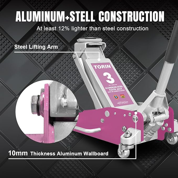Torin AT830011LP Aluminum and Steel Floor Jack with Dual Piston Quick Lift: Max Height 18.31 Inches for Garages, Car Repair and Racing, 3 Ton (6,000 lb) Capacity, Pink