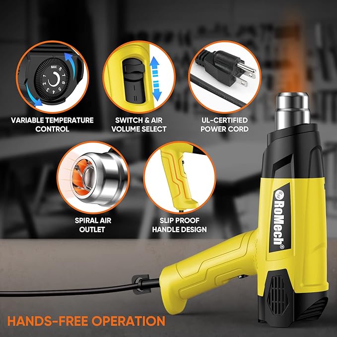 ROMECH 1500W Heavy Duty Heat Gun, Variable Temperature Control Hot Air Gun Kit with 2 Air Flow 120°F~1200°F and 4 Nozzles for Crafts Shrink Wrap (Yellow)