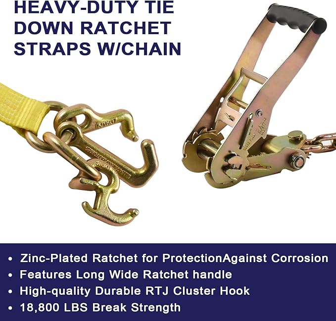 Tie Down Chain Ratchet Straps with 5/16" G70 RTJ Cluster Hook, 18,800 lbs, Heavy Duty Roll Back Car Hauler Tow Ratchets with Chain, for Auto Towing & Recovery, 2 Pack