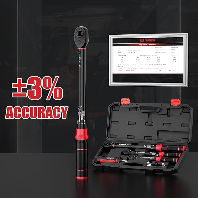 VANPO Torque Wrench Set 1/4" 3/8" 1/2" Drive 20-240 In.lb, 5-45 Ft.lb, 10-170 Ft.lb with 3 Adapters,±3% Accuracy,72-Tooth,Dual Scale,Storage Case,Click Style for Bike, Motorcycle, Car, Truck Repair