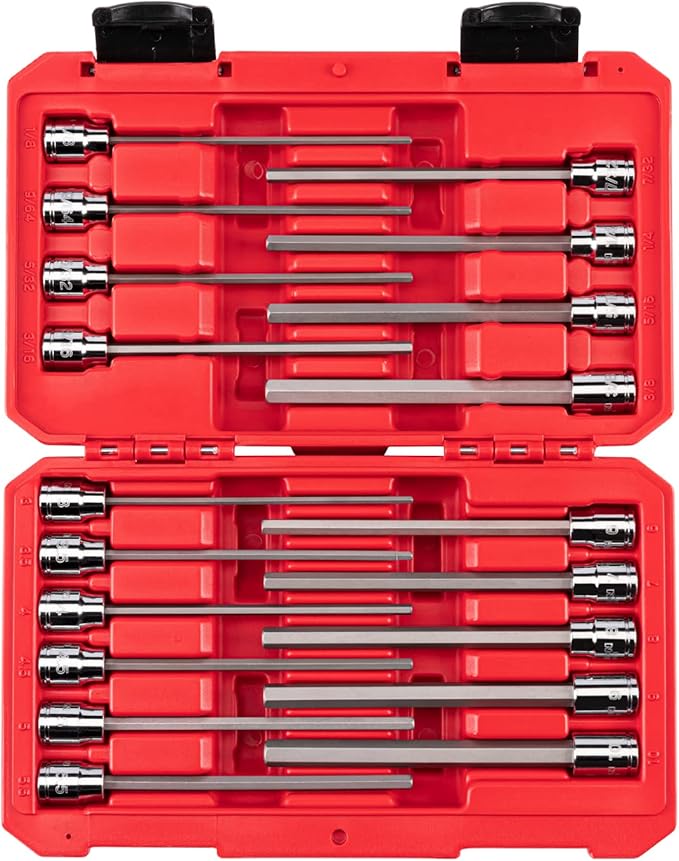 TEKTON 3/8 Inch Drive Long Hex Bit Socket Set with Case, 19-Piece (1/8-3/8 in., 3-10 mm) | SHB91315