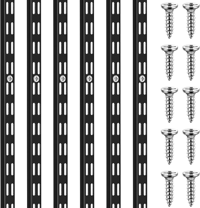 MorningRo 6 Pcs Dual Track Upright Wall Shelving System Heavy Duty Support System Twin Slot Shelf Rail Shelf Standards for Pantries Linen Closets Laundry Rooms(Black,25 Inch)