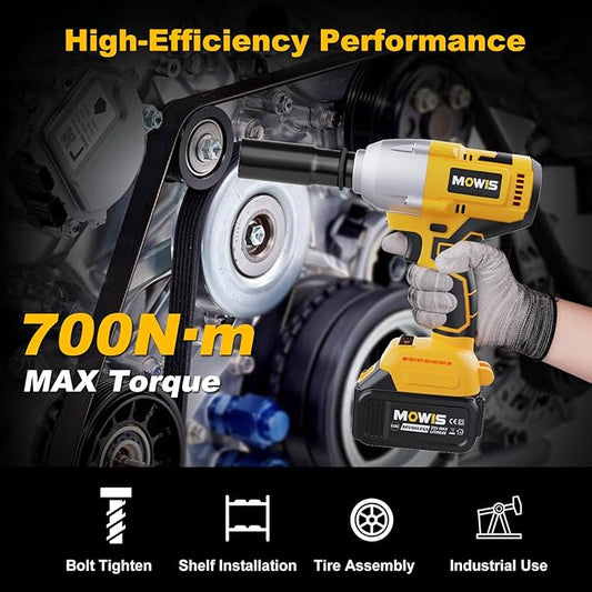 Mowis Cordless Impact Wrench 700Nm Brushless 1/2 inch 800RPM 4.0Ah Battery Fast Charger 4 Sockets Tool Box Electric Power Impact Wrench for Car Home