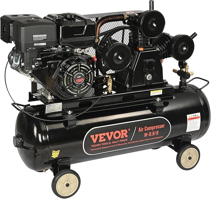 VEVOR 15HP Gas Powered Air Compressor, 30 Gallon Horizontal Air Compressor Tank, 33CFM@115PSI Gas Driven Piston Pump Air Compressed System with 115PSI Max Pressure for Construction Sites Workshop