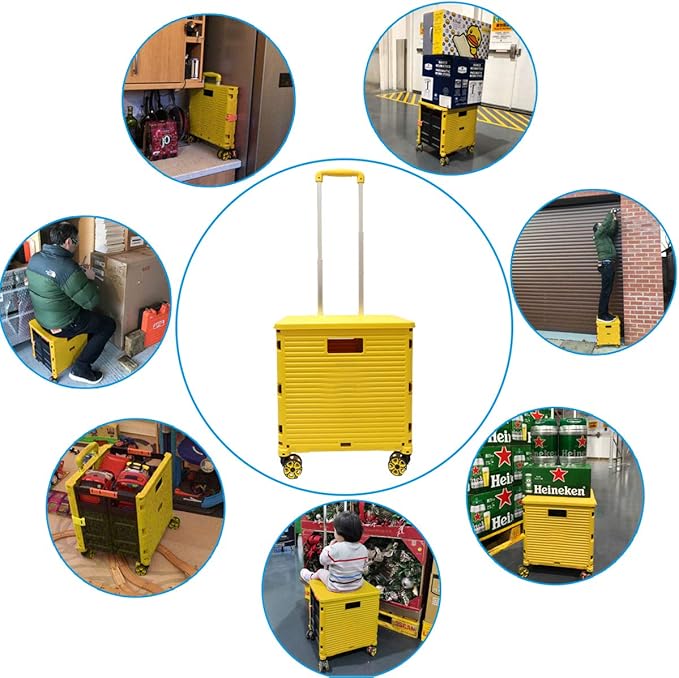 Foldable Utility Cart Folding Portable Rolling Crate Handcart Shopping Trolley Wheel Box with Lid Wear-Resistant Noiseless 360°Rotate Wheel for Travel Shopping Moving Storage Office Use (Yellow)