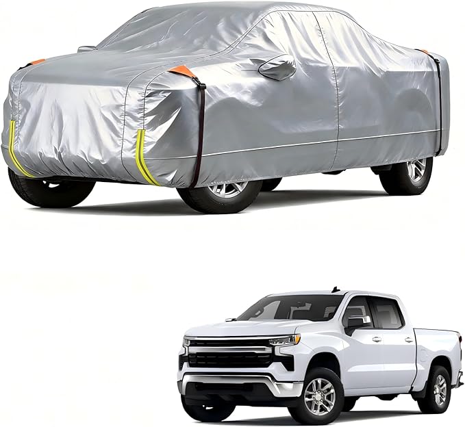Wigoo Chevrolet Silverado 1500 Truck Car Cover Accessories 2019-2026, Custom Fit Waterproof All Weather Outdoor Full Pickup Cover, Windproof UV Rain Snow Dust Protection, Door Zipper, Breathable Desig