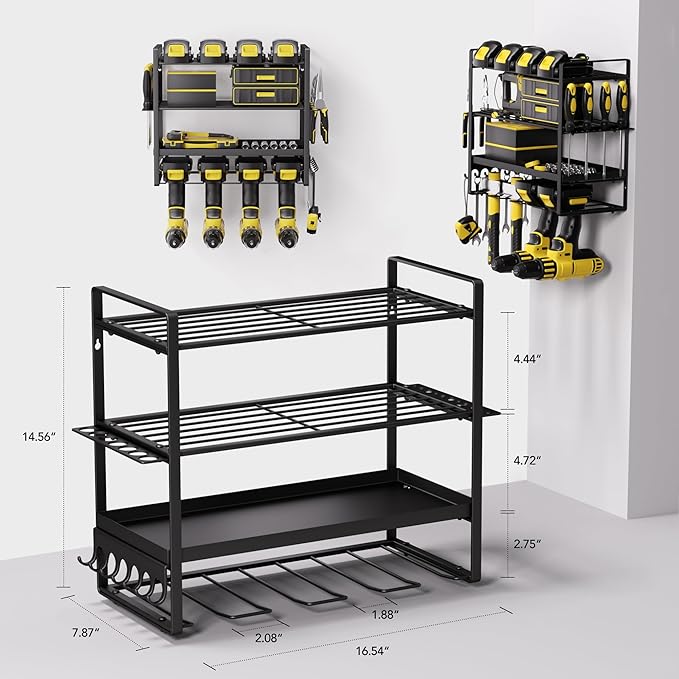 Power Tool Organizer, Metal 4 Layer Heavy Duty Drill Holder, 4Tier Wall Mount Garage Tool Organizers and Storage with Screwdriver/Pliers/Hook Holder,Red Utility Racks gifts for men