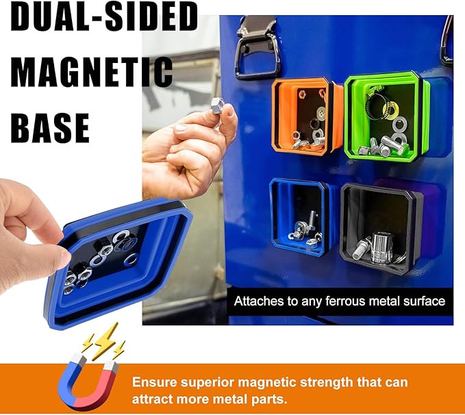 Collapsible Magnetic Parts Tray, 4.5 Inch Foldable Magnetic Square Silicone Tray, Tool Tray Set with Double-Sided Magnetic Base for Screw Bolts Nuts Pins, Car Accessories (Black+Blue, 2 PCS)