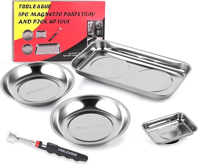 TOOLEAGUE 4Pcs Magnetic Tray Set with 15Lb Magnetic Pickup Pen,Stainless Steel Trays with Extra Strong Magnets for Organizing and Retrieving Metal Parts