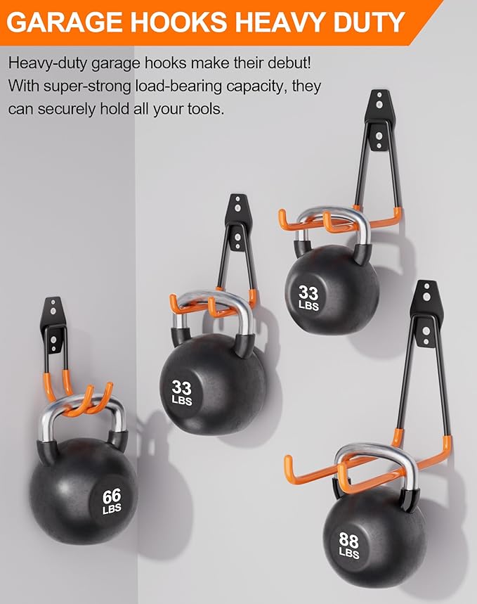 QcoQce 14 Pack Garage Hooks Heavy Duty with 2 Extension Cord Straps,Garage Storage Hooks, Wall Mount Hooks, Garage Organization and Tool Hangers for Bike, Ladder, Ropes and Garden Tools(Orange)