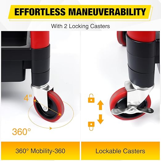 2-Tier Rolling Utility Cart with 4" Swivel Wheels, Heavy-Duty Plastic Tool Cart for Auto Detailing, Garage & Workshop
